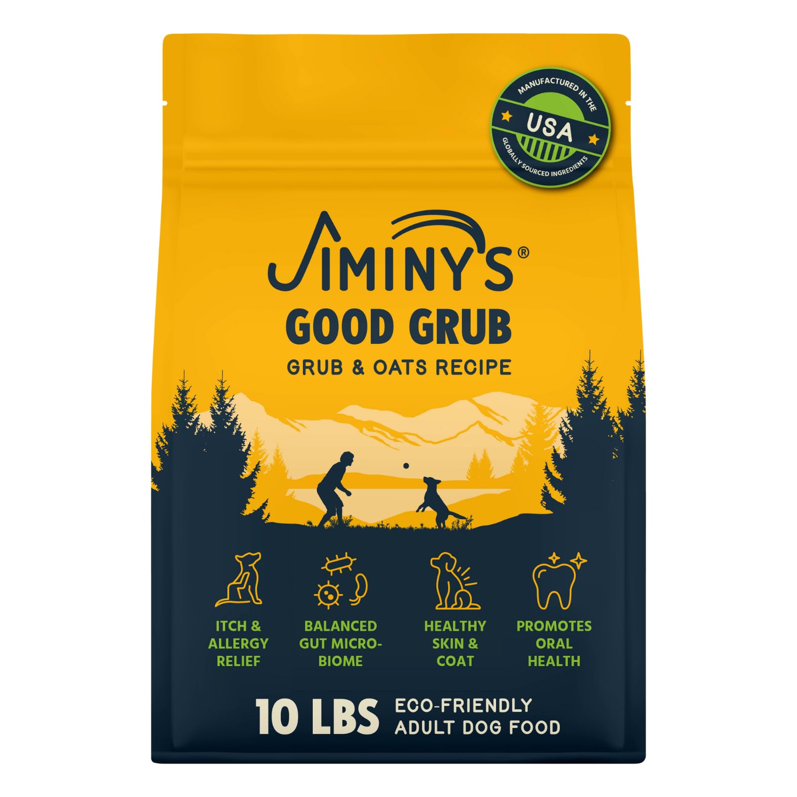 Close-up of Jiminy's Good Grub bag highlighting insect protein for hypoallergenic nutrition.