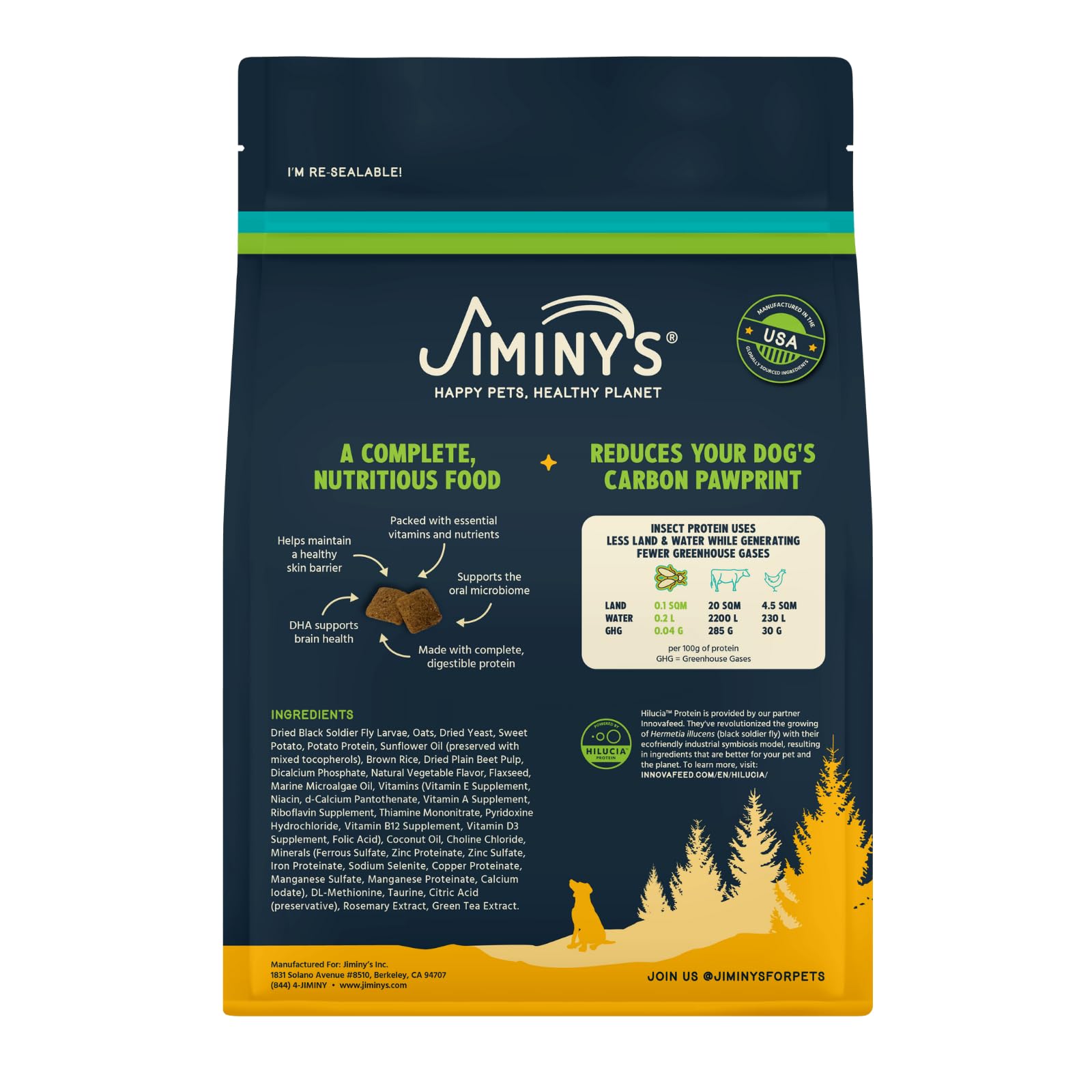 Jiminy Good Grub ingredients label emphasizing digestible insect protein and gut-friendly options.