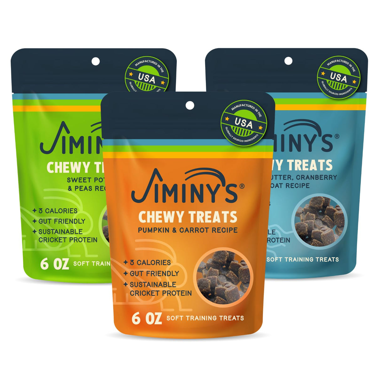 Jiminy's Chewy Cricket Dog Treats front packaging shows a low-calorie training reward