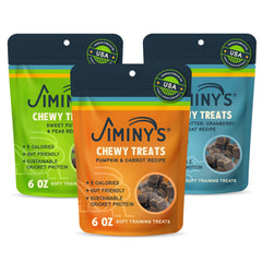 Jiminy's Chewy Cricket Dog Treats front packaging shows a low-calorie training reward