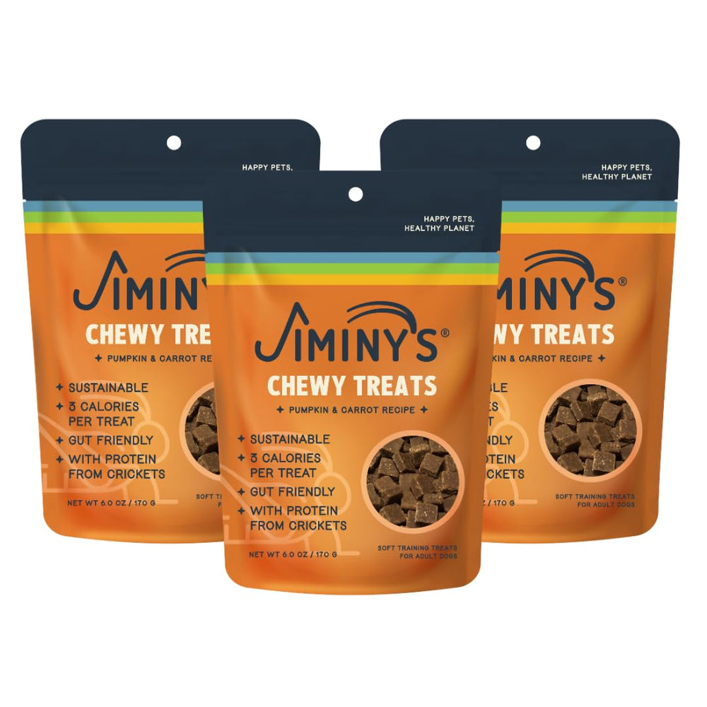 Jiminy's chewy cricket training treats in a pumpkin-carrot bag, ideal for bite-sized rewards.