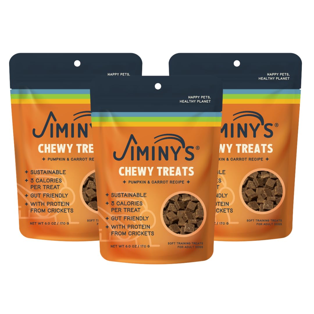 Jiminy's chewy cricket training treats in a pumpkin-carrot bag, ideal for bite-sized rewards.