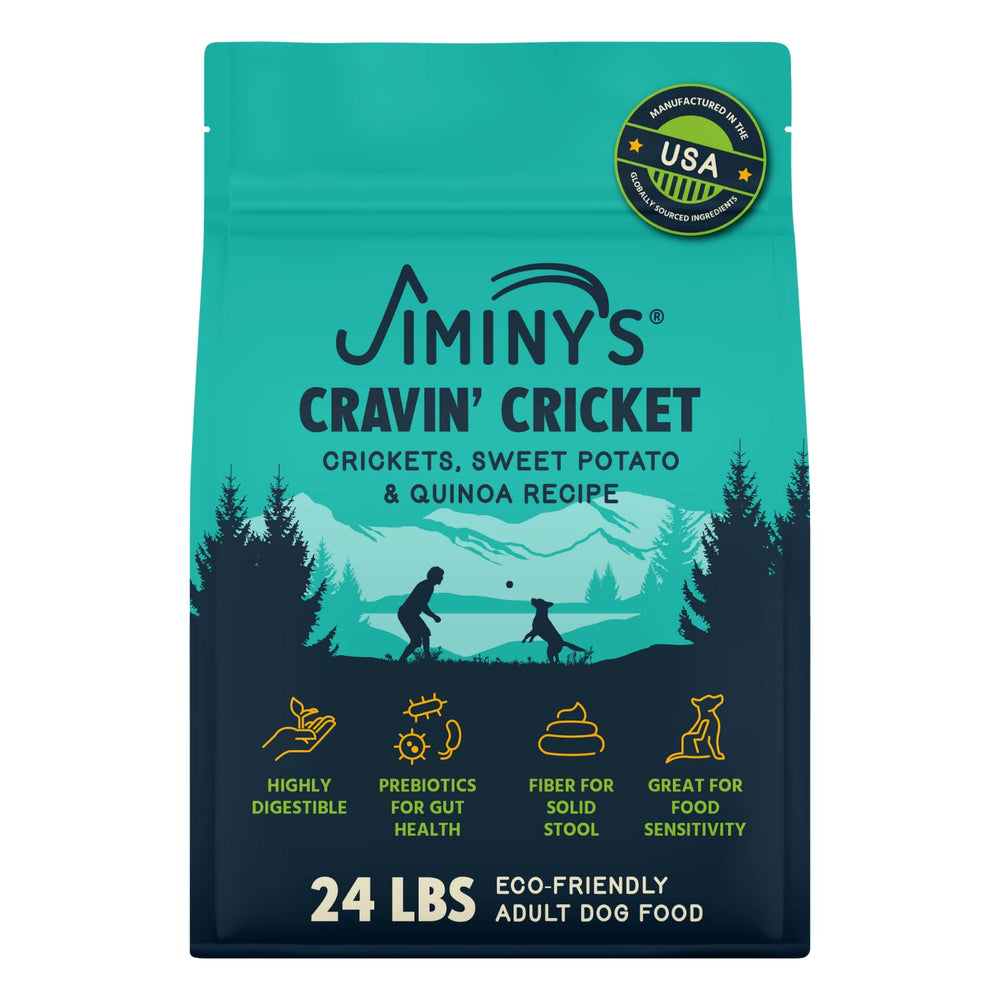 Jiminy's Cravin' Cricket dry dog food bag highlighting cricket protein that may support gut health.