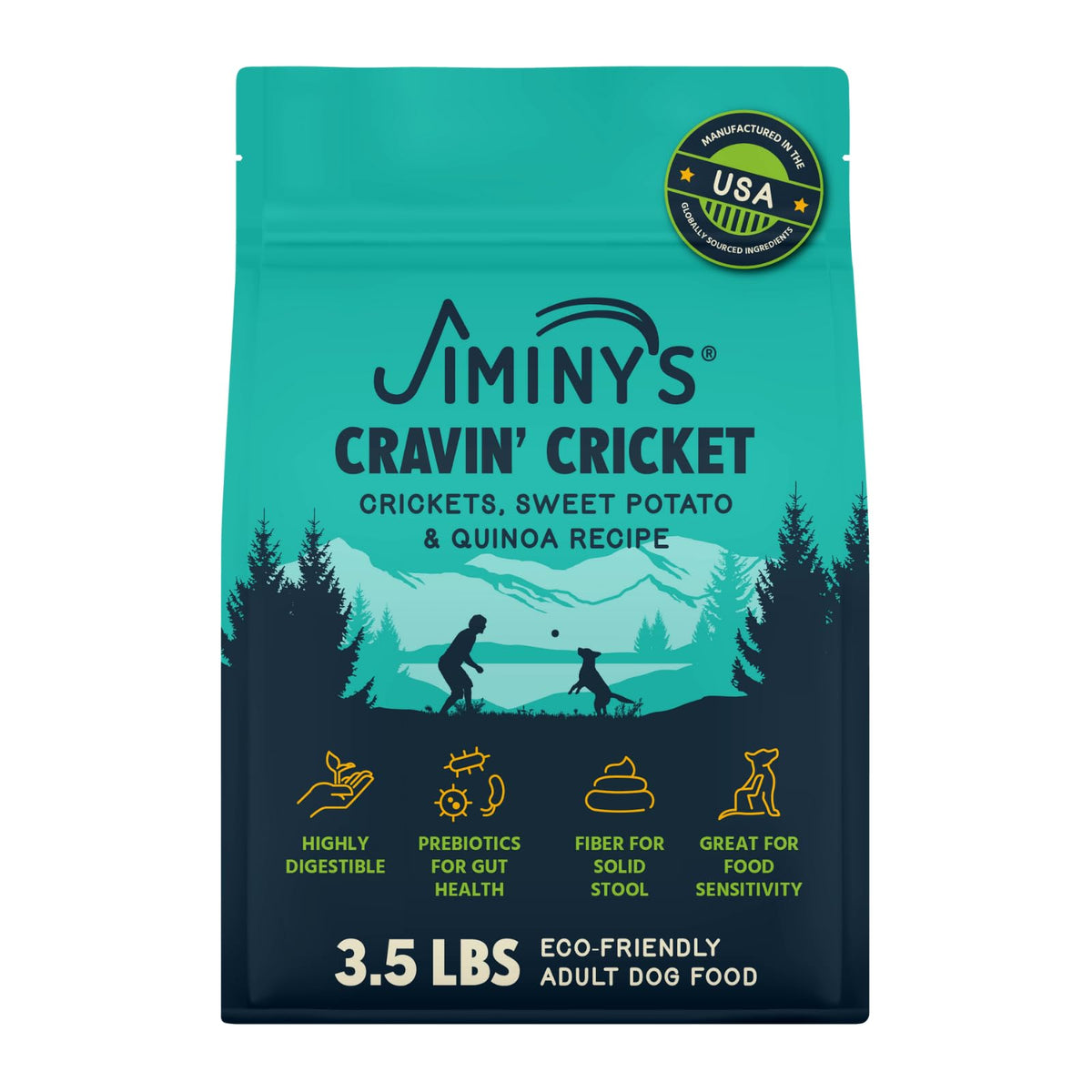 Jiminy's Cravin' Cricket Dry Dog Food packaging highlights sustainable sourcing and an eco-friendly bag.
