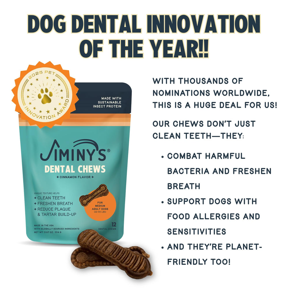 Jiminy's Cinnamon Label highlights allergen-free formula for sensitive dogs.