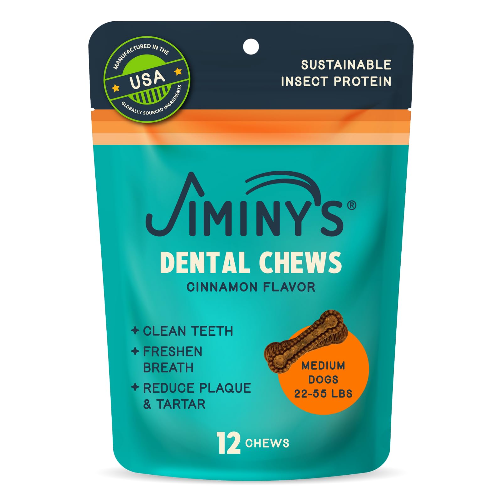 Jiminy's Cinnamon Texture dental chew for thorough cleaning during chew sessions.