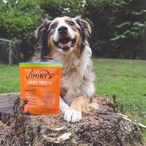 Jiminy's digestible cricket protein treats displayed for sensitive-stomach dogs.