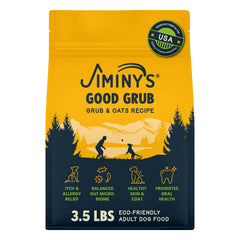 Jiminy's Good Grub dry dog food bag front view highlighting hypoallergenic formula