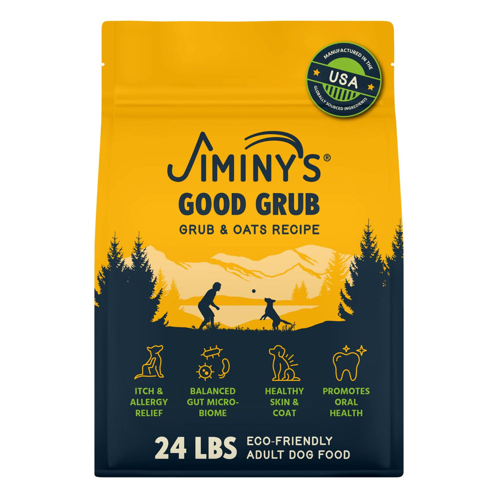 Jiminy's Good Grub packaging shows hypoallergenic insect protein formula for dogs