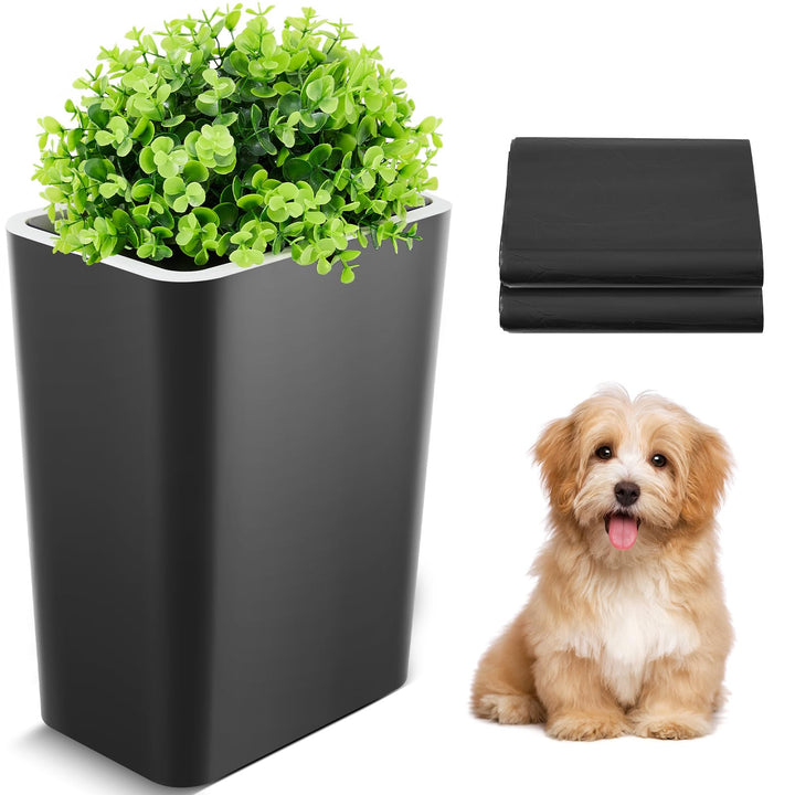 Jingmore dog poop trash can outside with plant-styled black finish blends with garden décor
