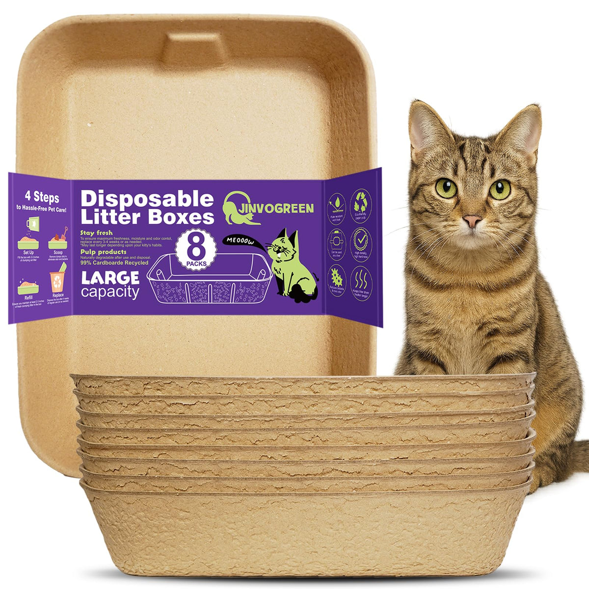 JINVOGREEN disposable litter boxes 8-pack for convenient travel and quick cleanup