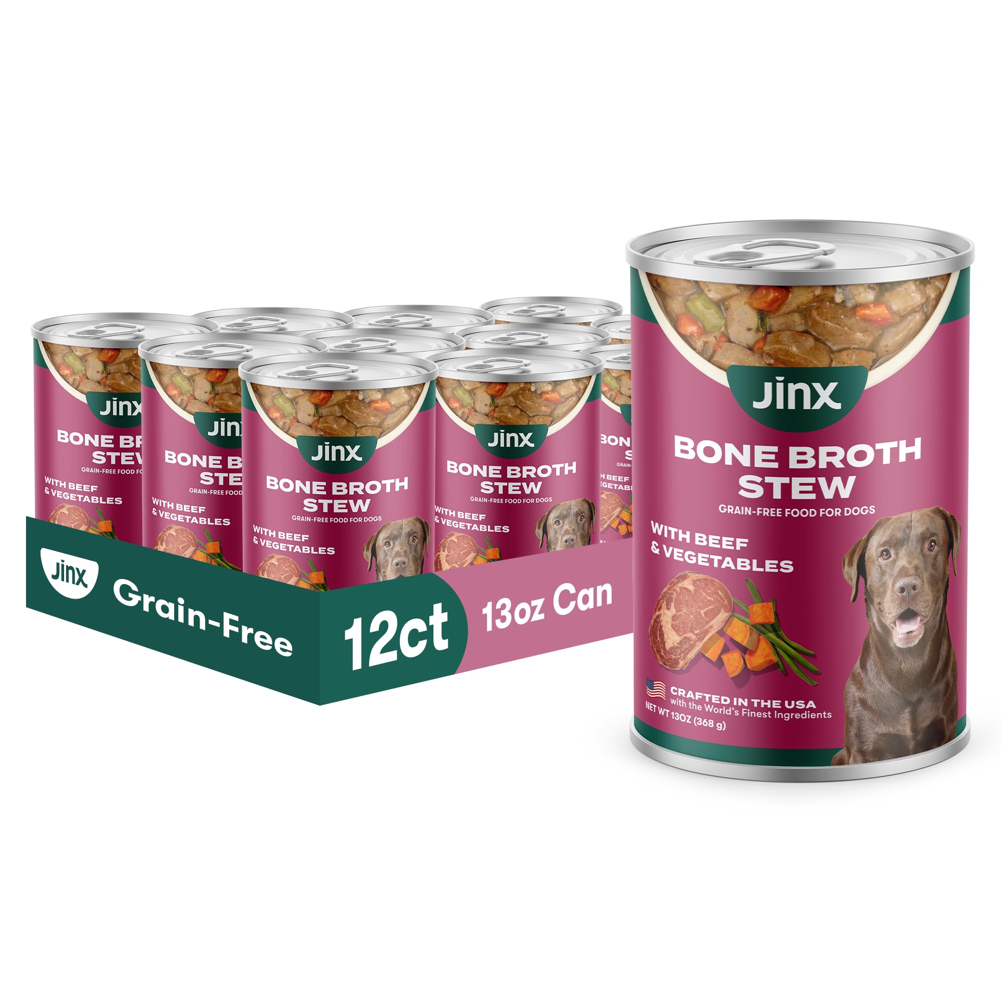 Jinx Bone Broth Stew can features beef and vegetables for a hearty, complete meal.