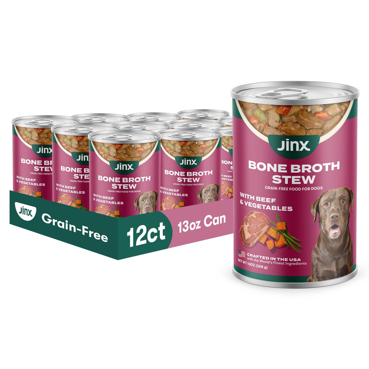 Jinx Bone Broth Stew can features beef and vegetables for a hearty, complete meal.