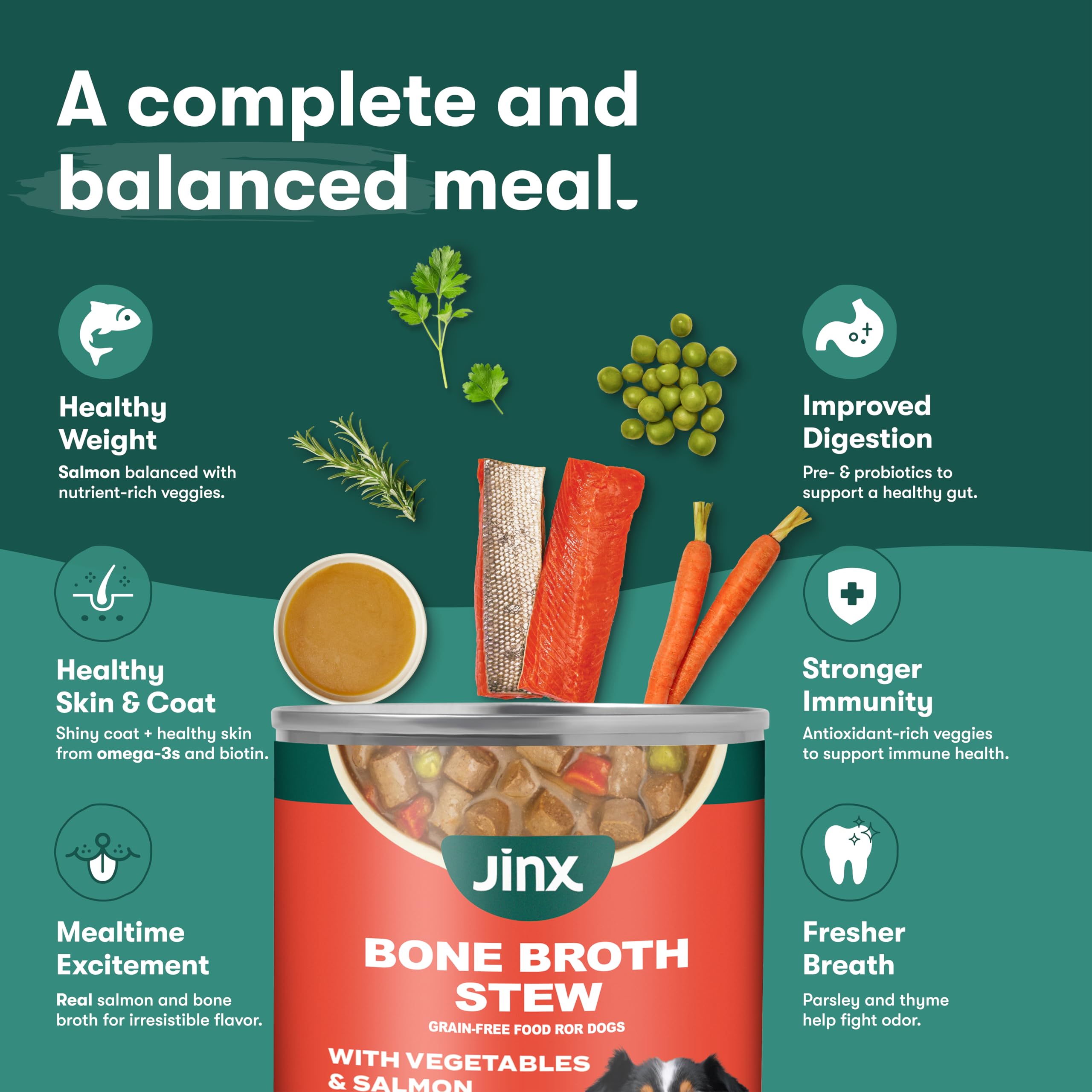 Jinx bone broth stew close-up texture highlights tender meat and chunky vegetables.