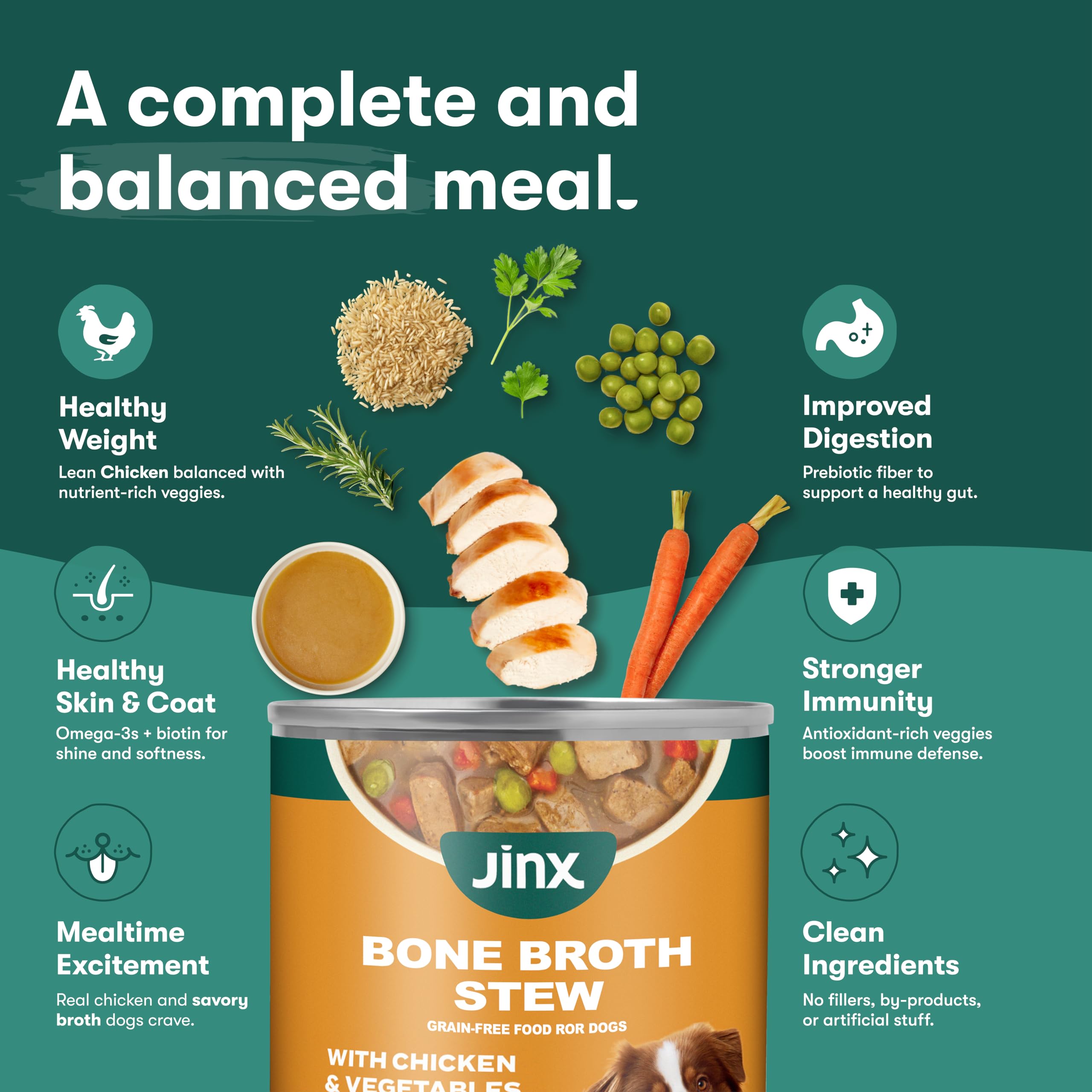 Jinx Bone Broth Stew for Dogs – visible carrots, potatoes, pumpkin delivering a colorful, nutrient-rich mix.