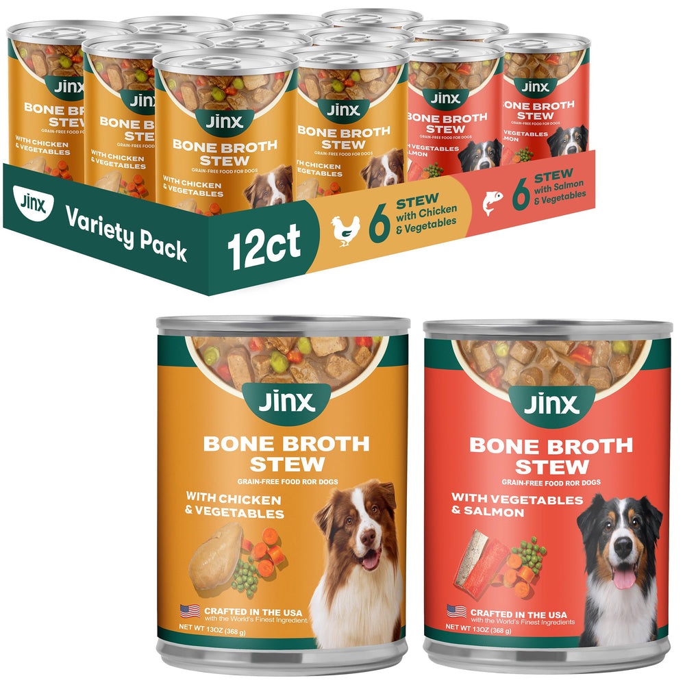 Jinx bone broth stew for dogs variety pack cans show chicken and salmon flavors for tasty meals.
