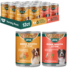 Jinx bone broth stew for dogs variety pack cans show chicken and salmon flavors for tasty meals.