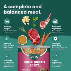 Jinx Bone Broth Stew open can closeup emphasizes premium ingredients.