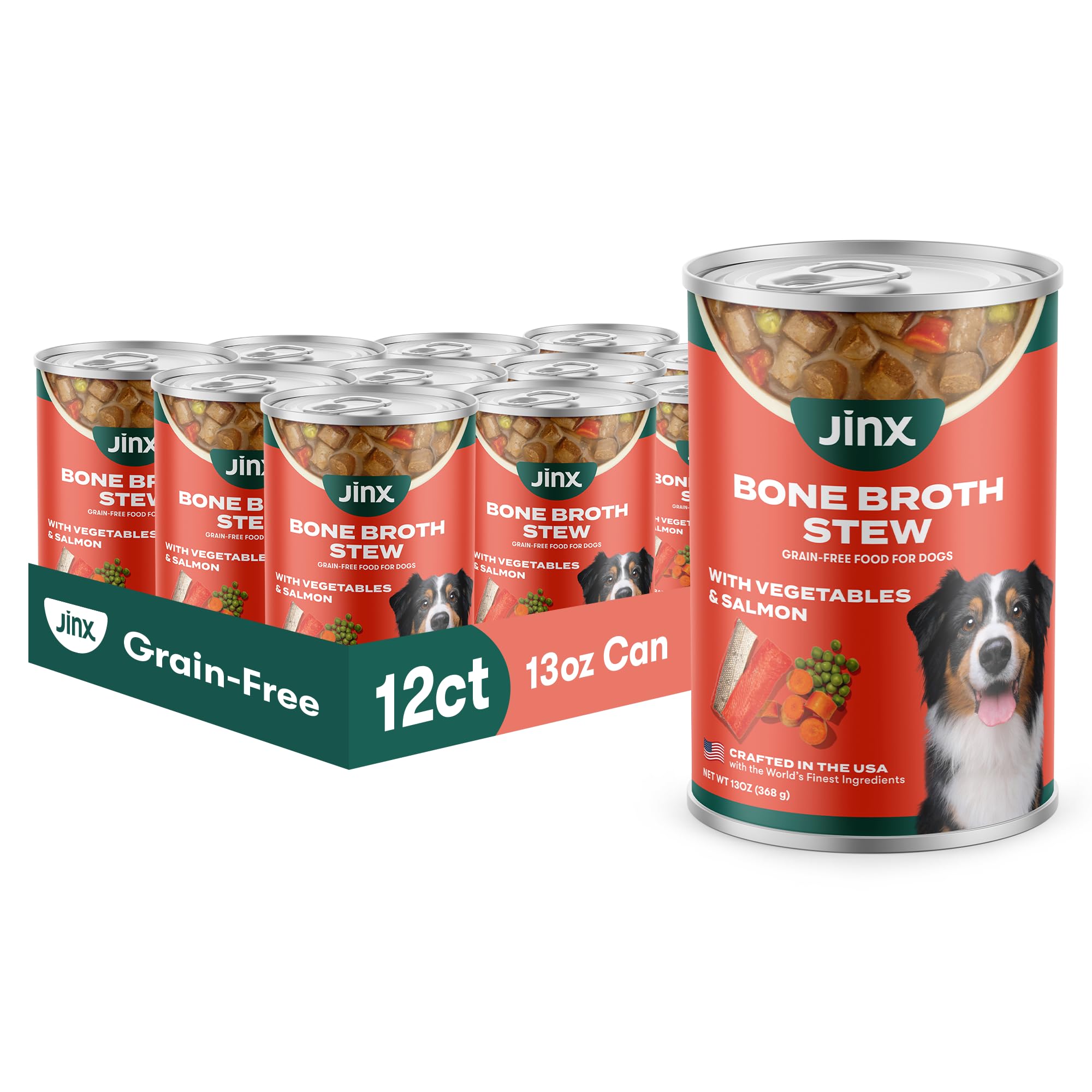 Jinx bone broth stew salmon cans close-up shows savory chunks for a complete meal.