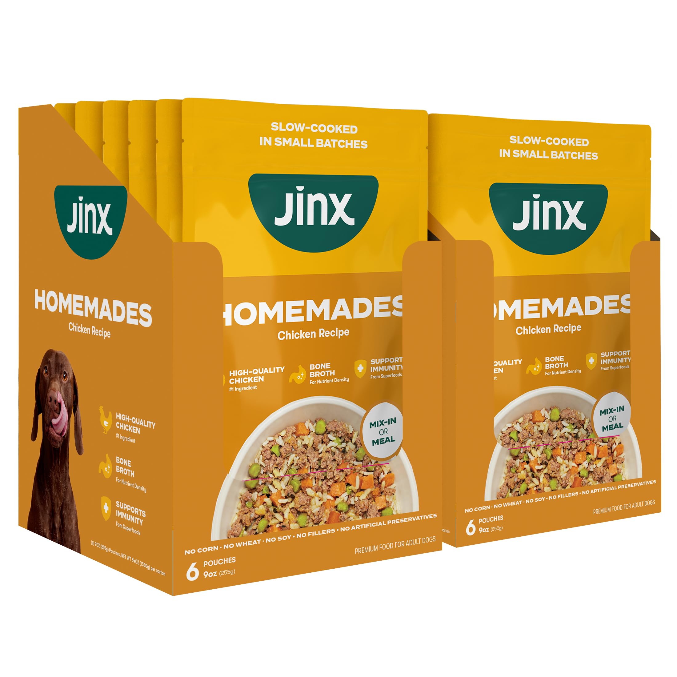 Jinx Chicken Wet Dog Food Topper pouch shows real chicken and bone broth for tasty mixing.