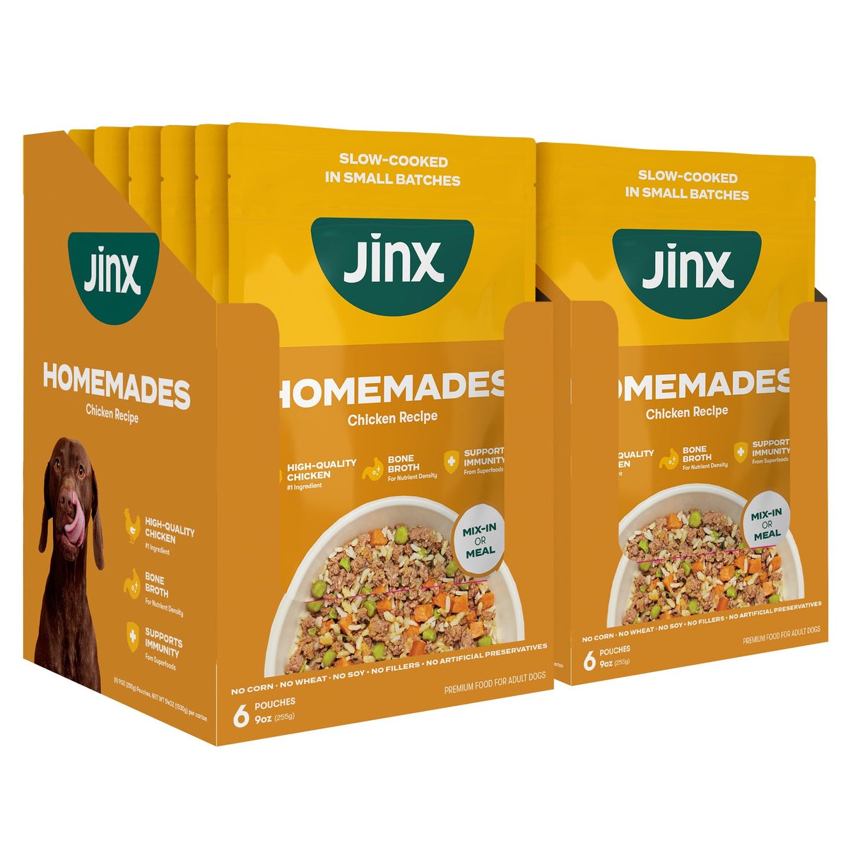 Jinx Chicken Wet Dog Food Topper pouch shows real chicken and bone broth for tasty mixing.