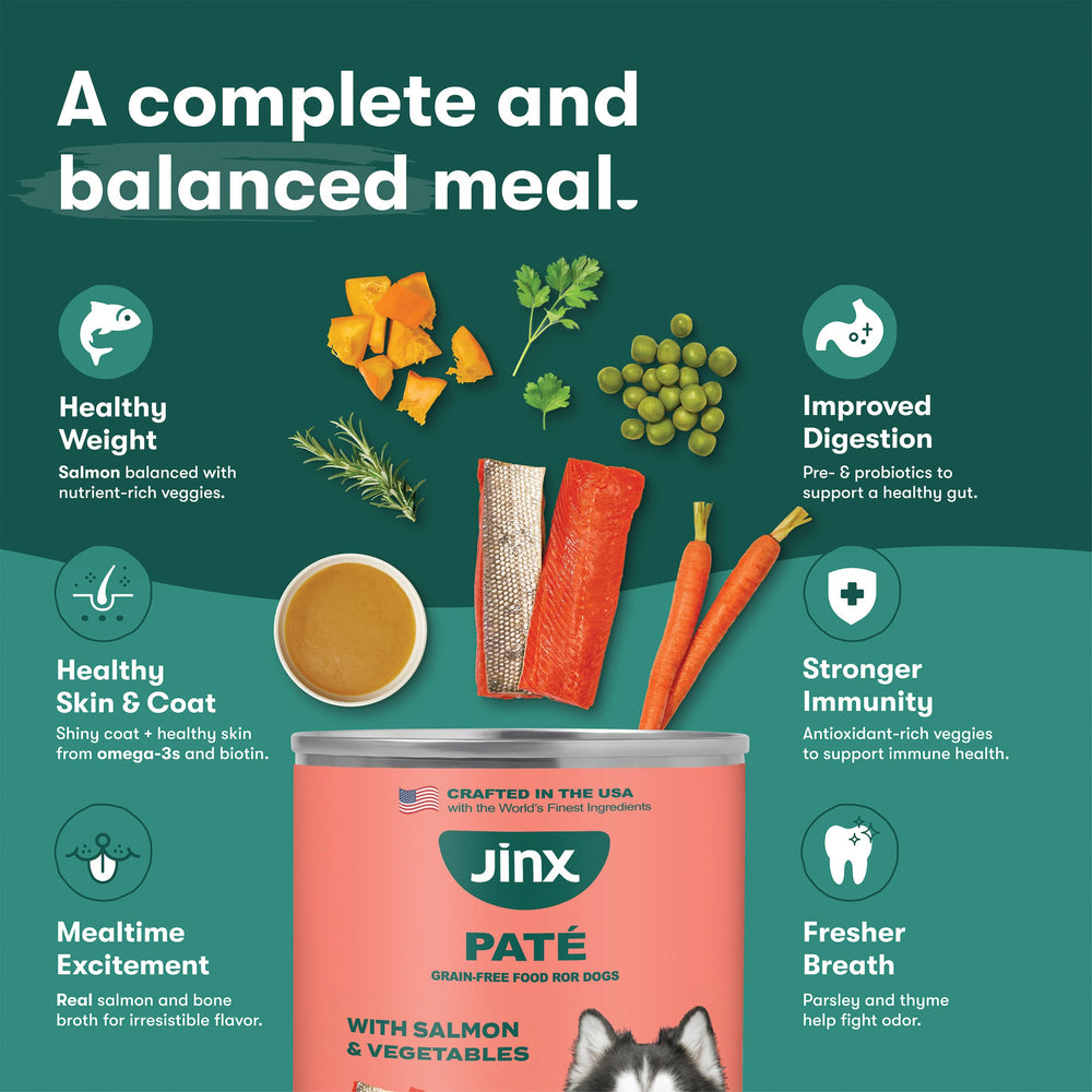 Jinx grain-free dog food no fillers supports sensitive stomachs.