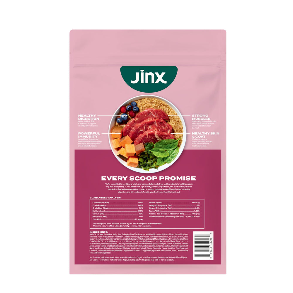 Jinx Premium Dry Dog Food comes in a 30 lb bag for long-lasting nutrition.