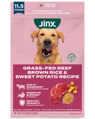 Jinx Premium Dry Dog Food bag front shows real beef and clean ingredients for balanced nutrition.