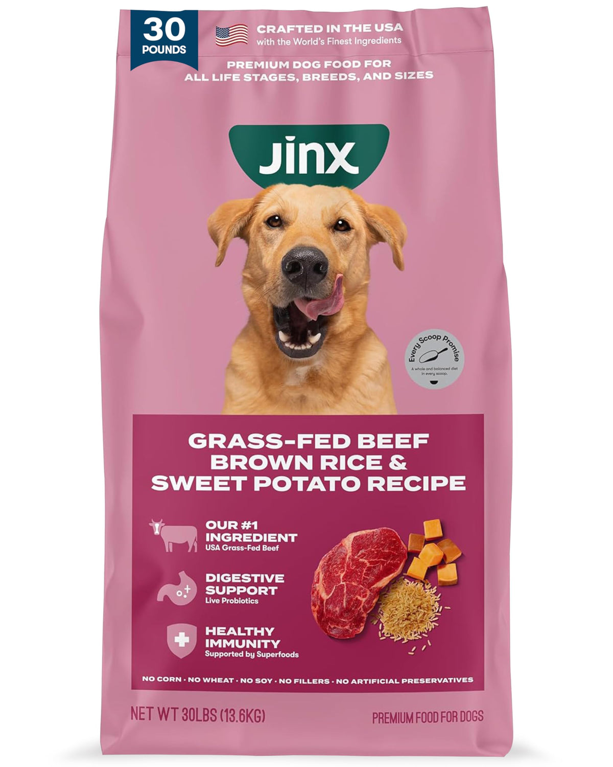 Jinx Premium Dry Dog Food with beef-first ingredient supports lean muscle for dogs.