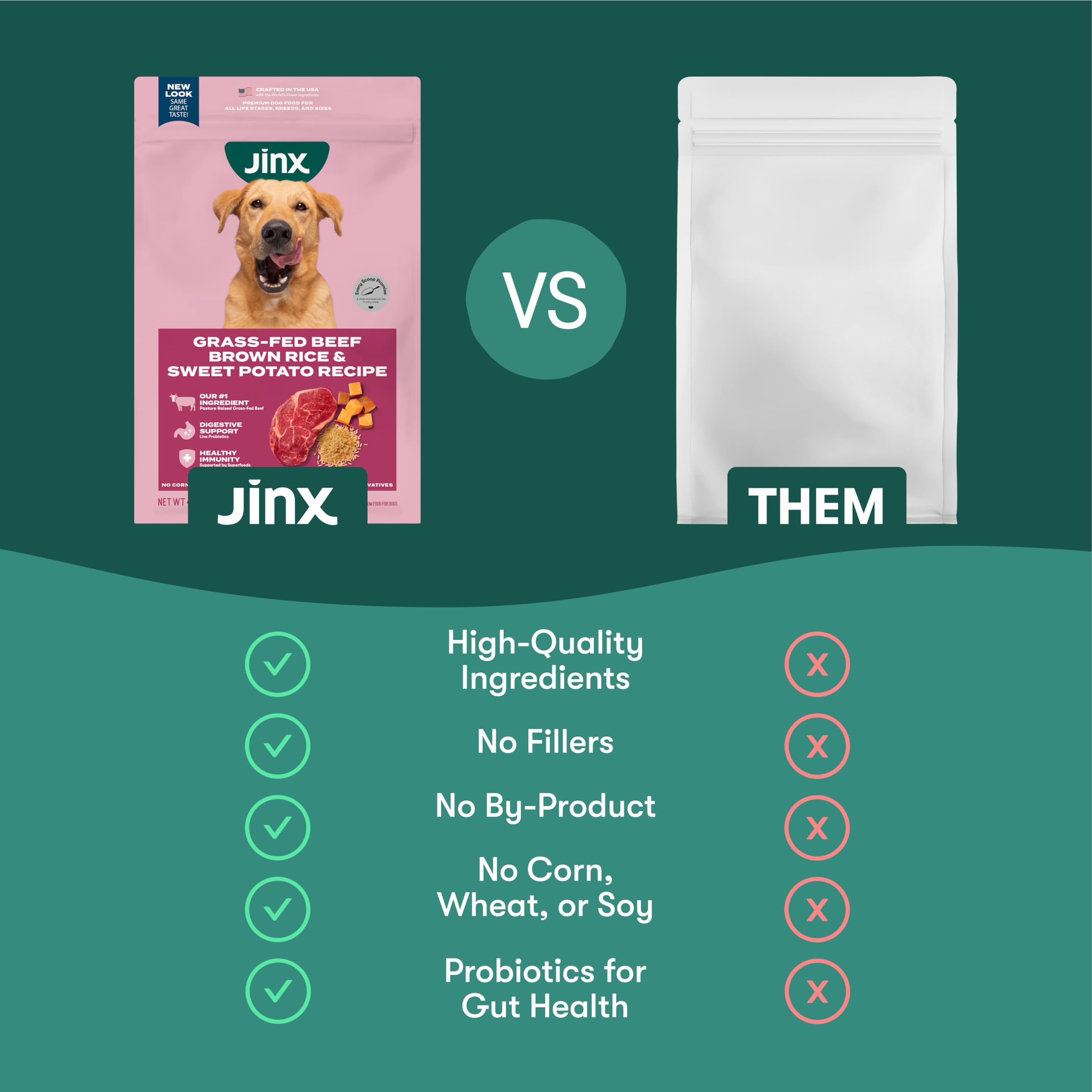 Close look at Jinx kibble with brown rice and sweet potato for steady energy.