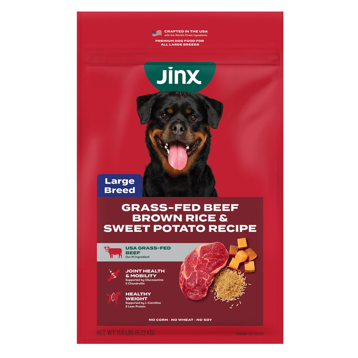 Jinx premium beef-kibble closeup showing real grass-fed beef for lean muscle support.