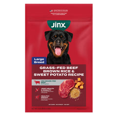 Jinx premium beef-kibble closeup showing real grass-fed beef for lean muscle support.
