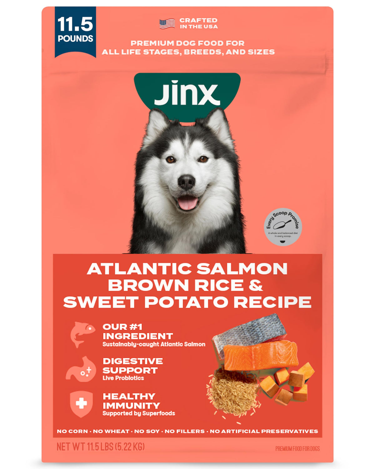 Jinx Premium Dry Dog Food real salmon bag highlights lean muscle support and complete nutrition.