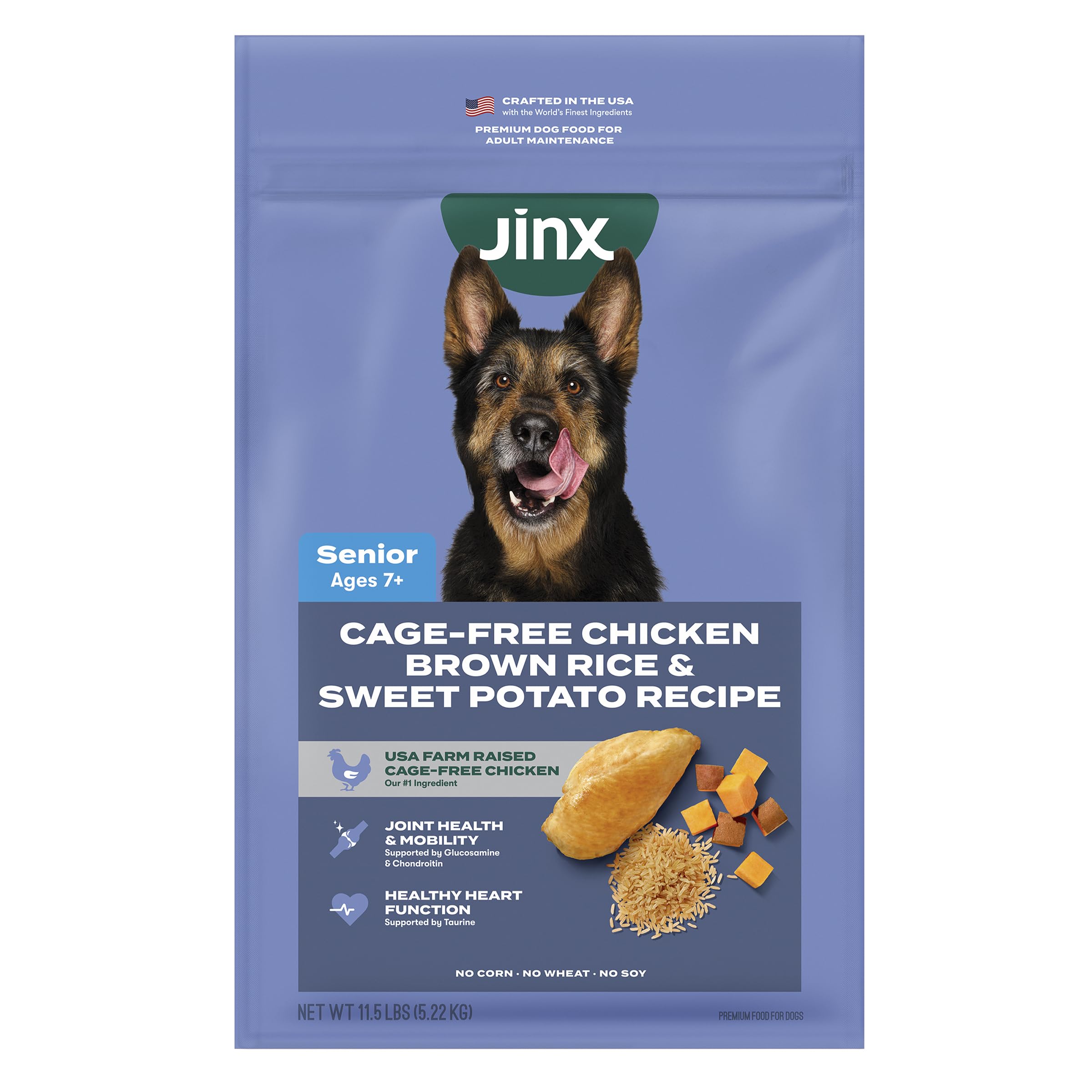 Jinx Premium Senior Chicken Kibble closeup showing real chicken protein for lean muscles.