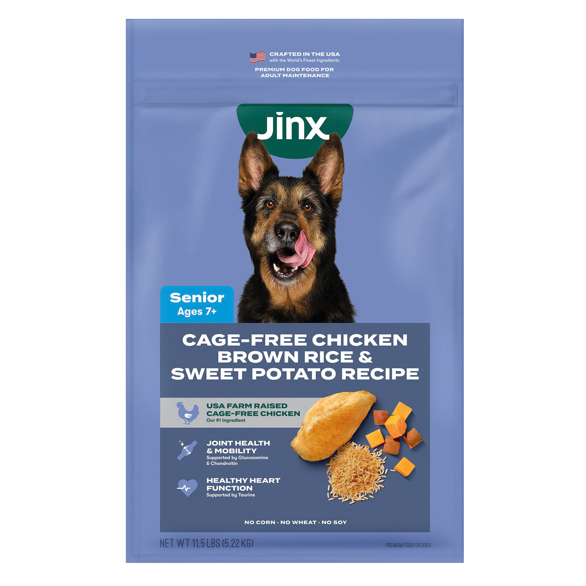 Jinx Premium Senior Chicken Kibble closeup showing real chicken protein for lean muscles.