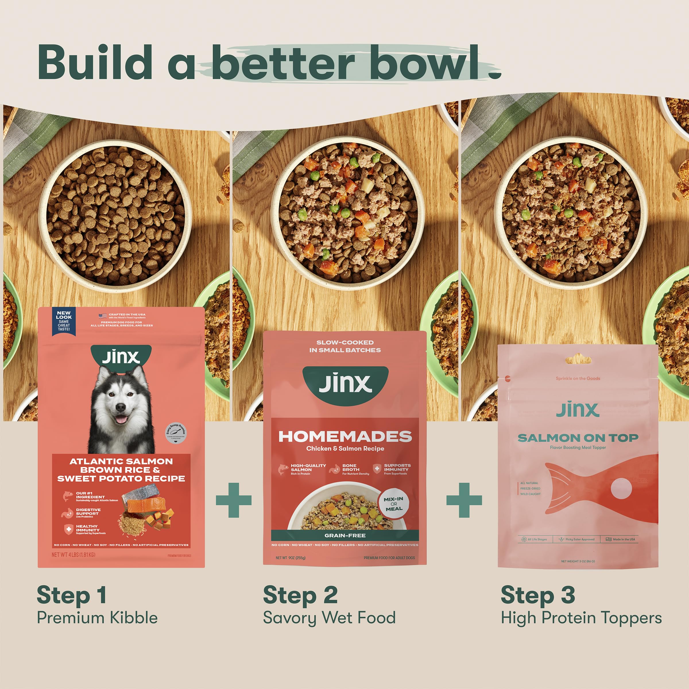 Senior dog enjoying Jinx dry food in a feeding scene.