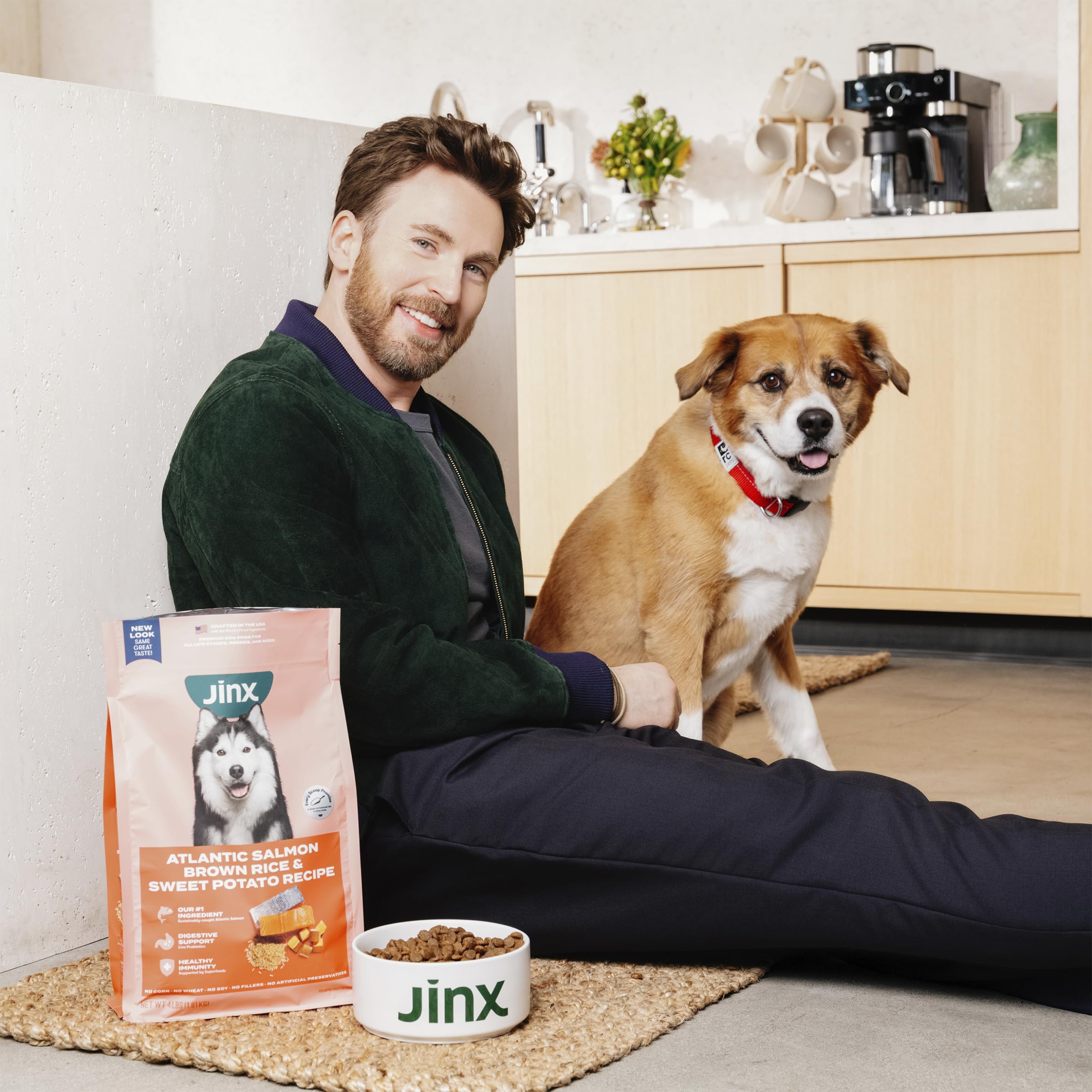 Ingredients panel of Jinx senior formula with brown rice and sweet potato for gentle digestion.
