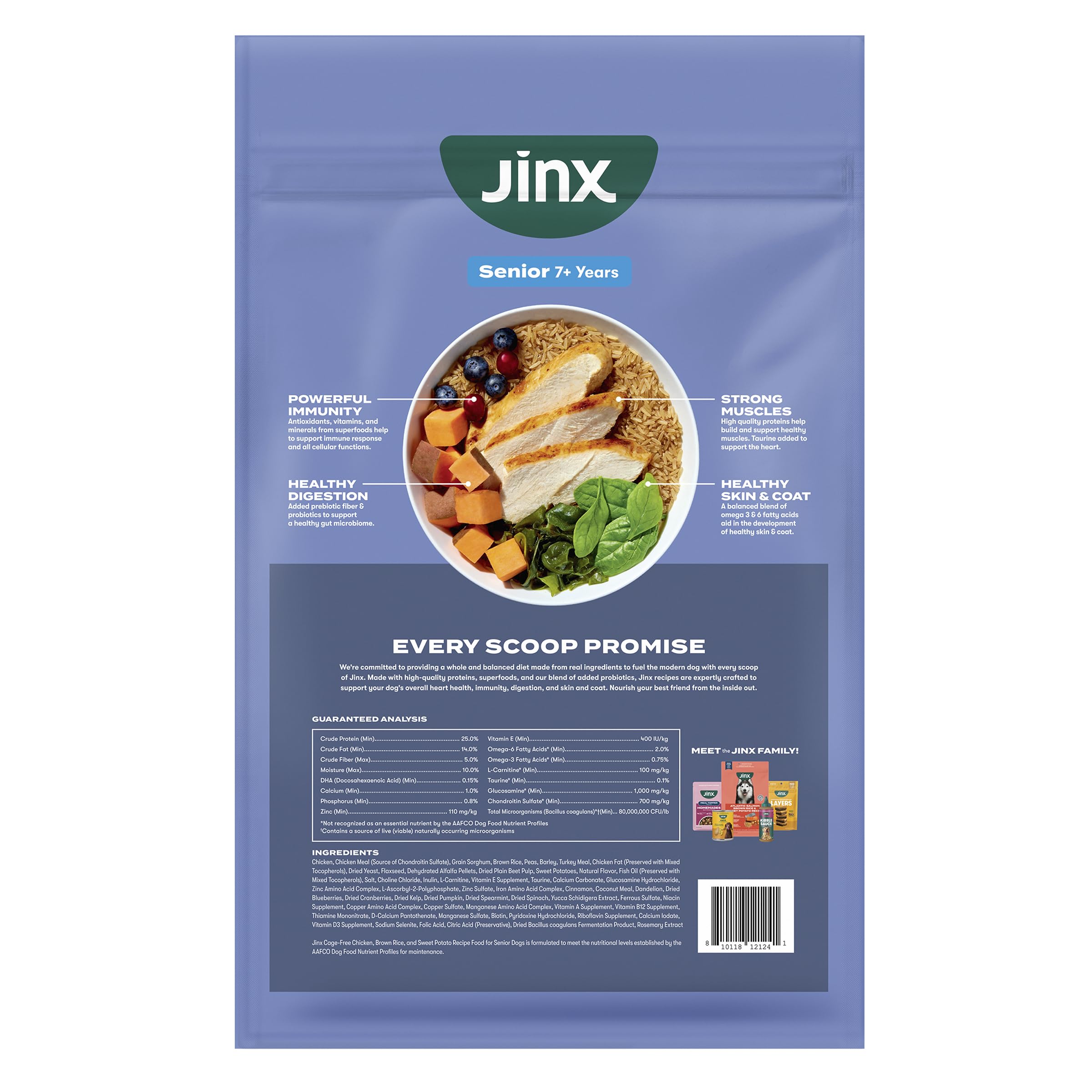Omega fatty acids in Jinx senior food supporting skin, coat, and heart.