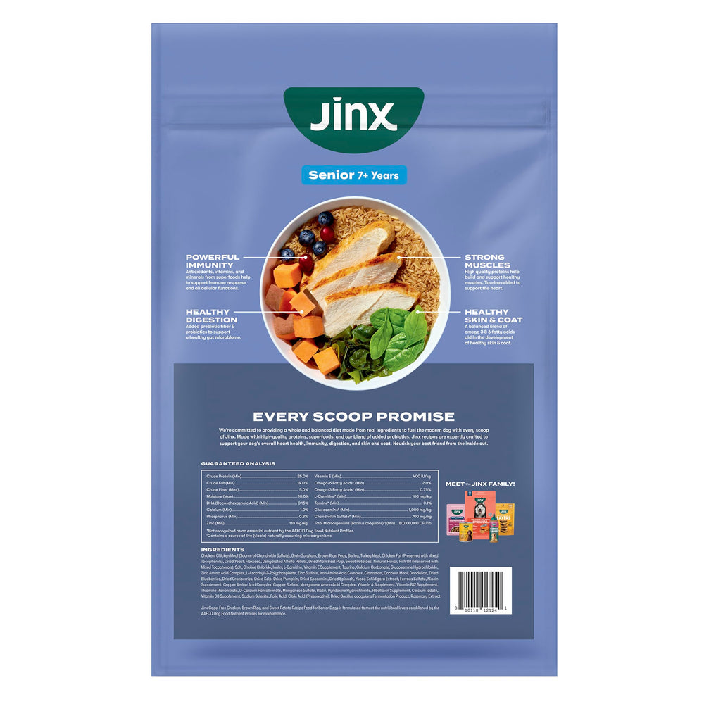 Omega fatty acids in Jinx senior food supporting skin, coat, and heart.
