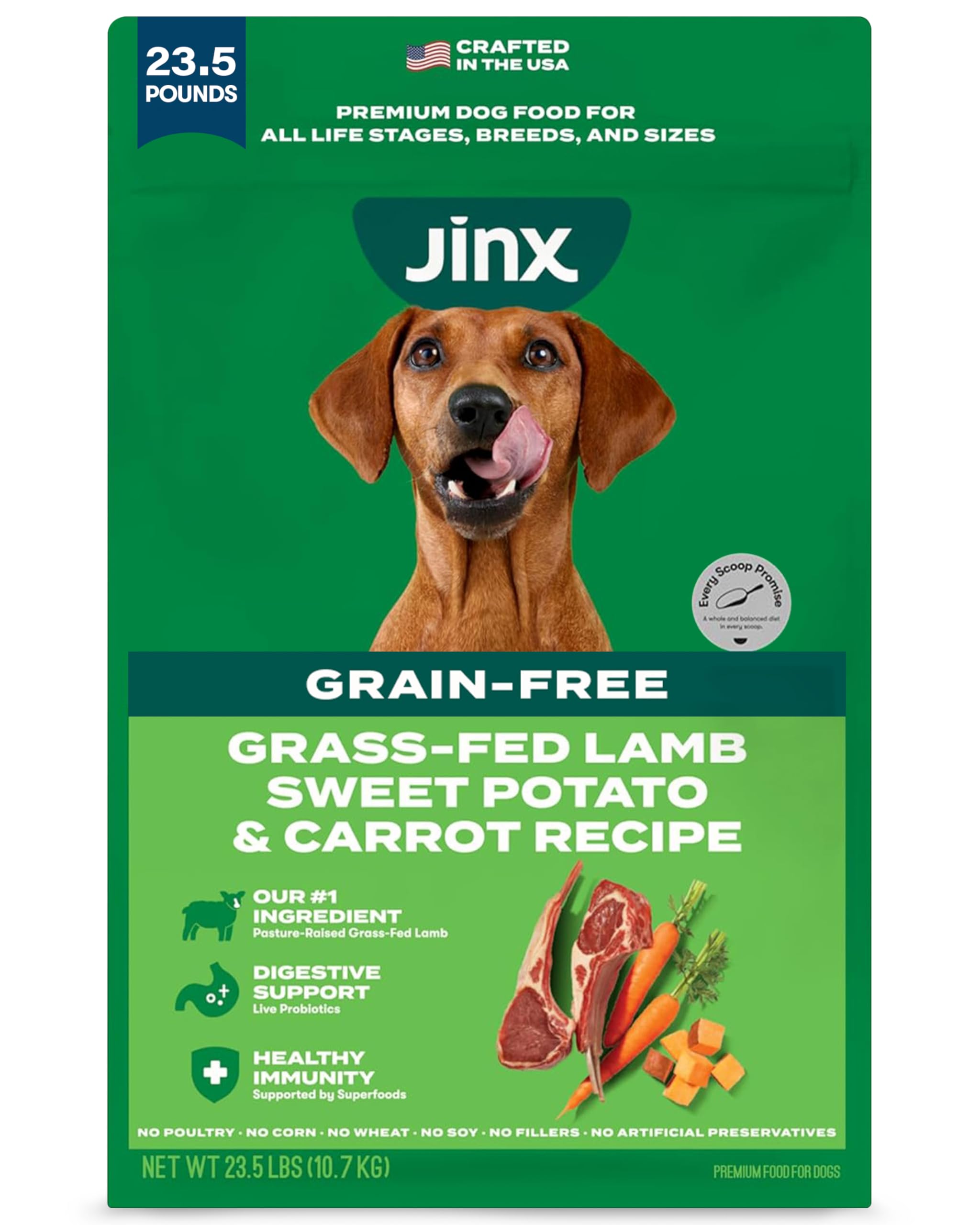Jinx premium grain-free lamb dog food bag showing lean protein for muscle support.