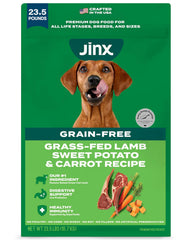 Jinx premium grain-free lamb dog food bag showing lean protein for muscle support.