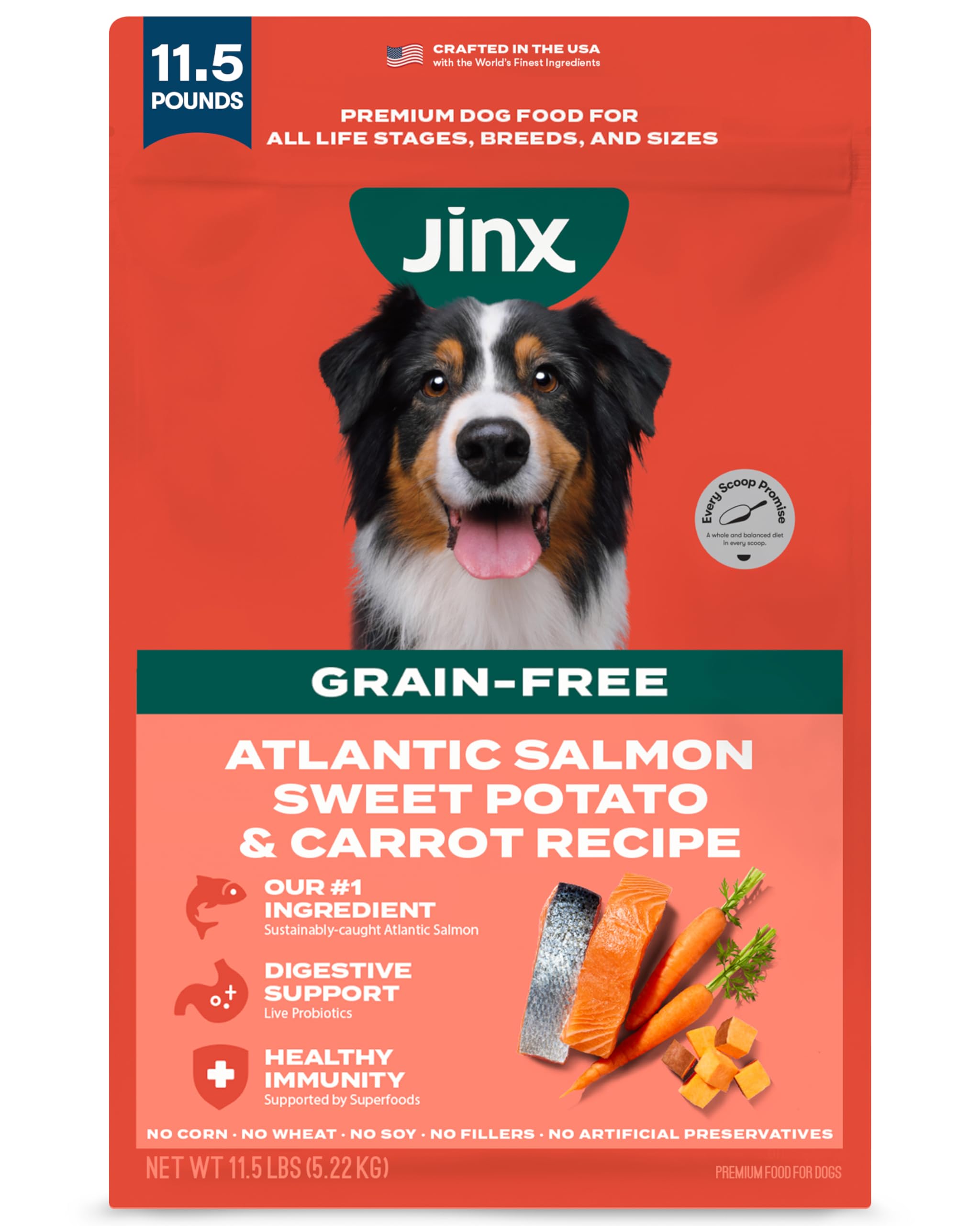 Jinx Premium real salmon kibble in bag supports lean muscle and overall nutrition.
