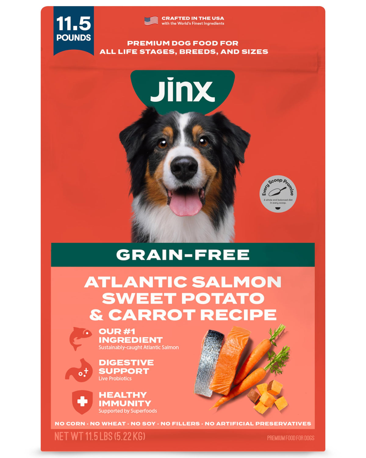 Jinx Premium real salmon kibble in bag supports lean muscle and overall nutrition.