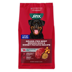 Jinx Large Breed bag front label showing real beef and no fillers for muscles