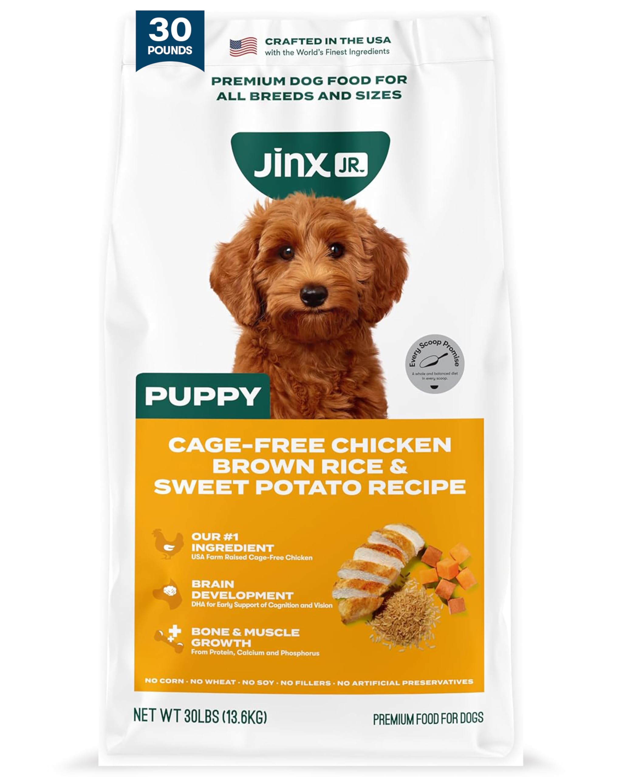 Jinx Premium Puppy Food bag showing real chicken and brown rice for growing puppies