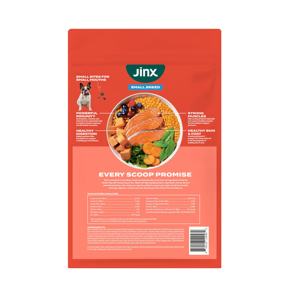 Jinx ingredients image featuring salmon, flaxseed, and sweet potato for coat health.