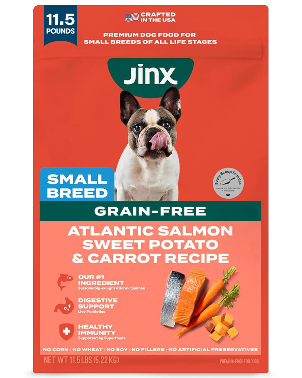Jinx premium small-breed salmon-potato bag highlighting real salmon for lean energy.