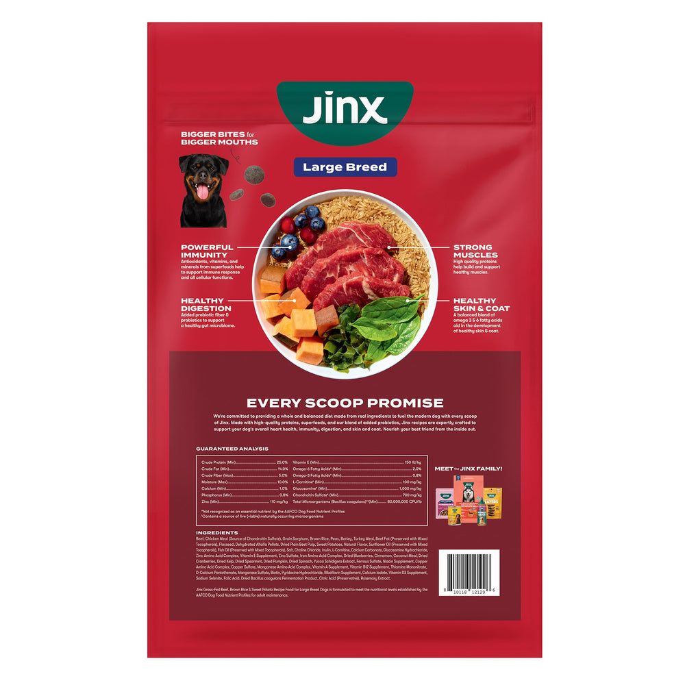 Jinx real grass-fed-beef ingredient closeup underscores high-quality protein in the recipe.