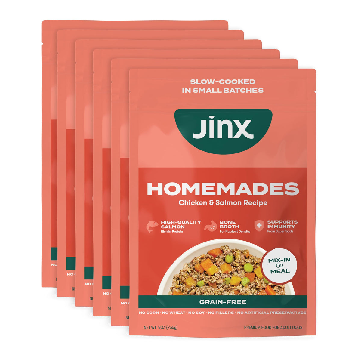 Jinx Salmon grain-free toppers packaging showing convenient ready-to-serve pouches.