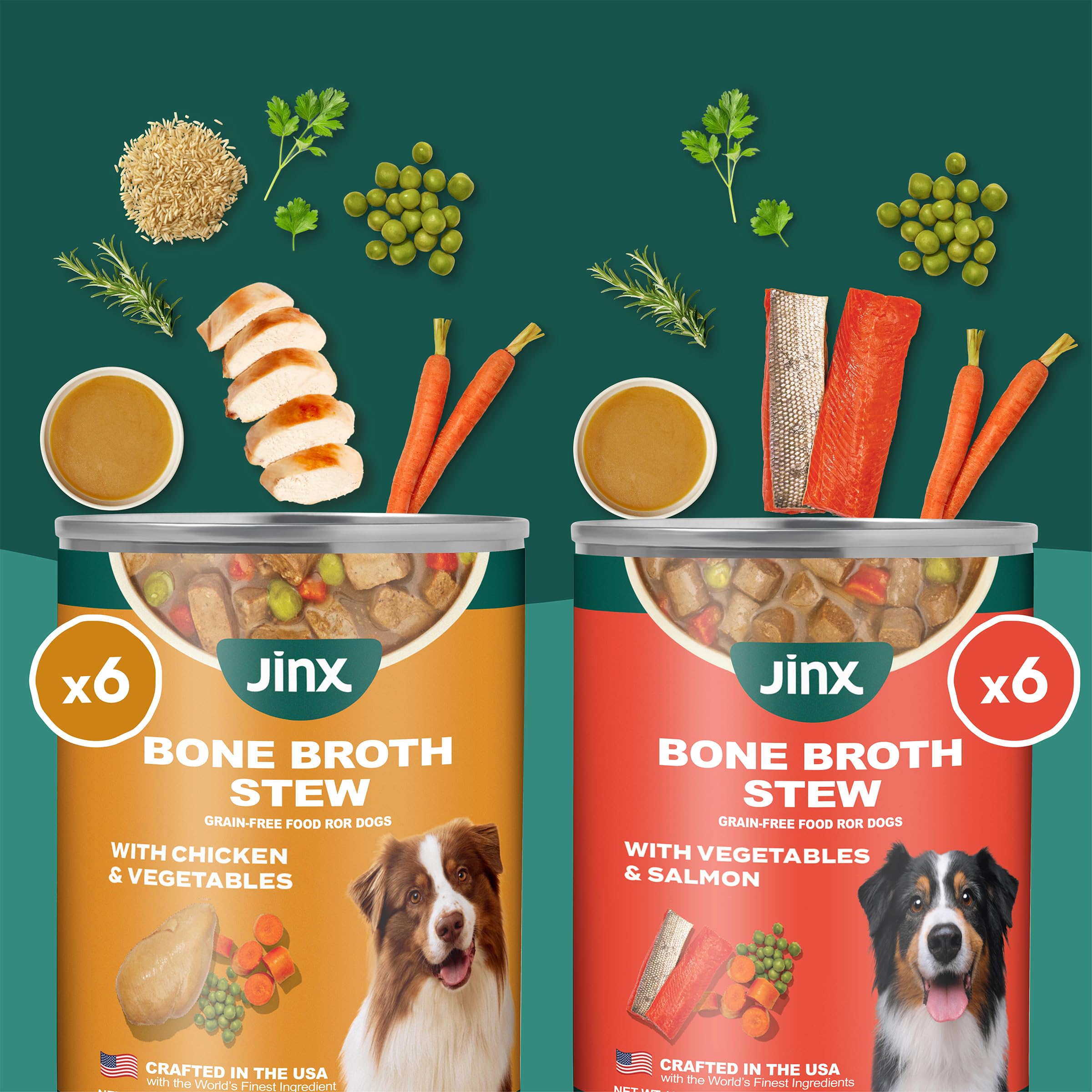 Jinx salmon stew close-up emphasizes premium protein in a wet food.